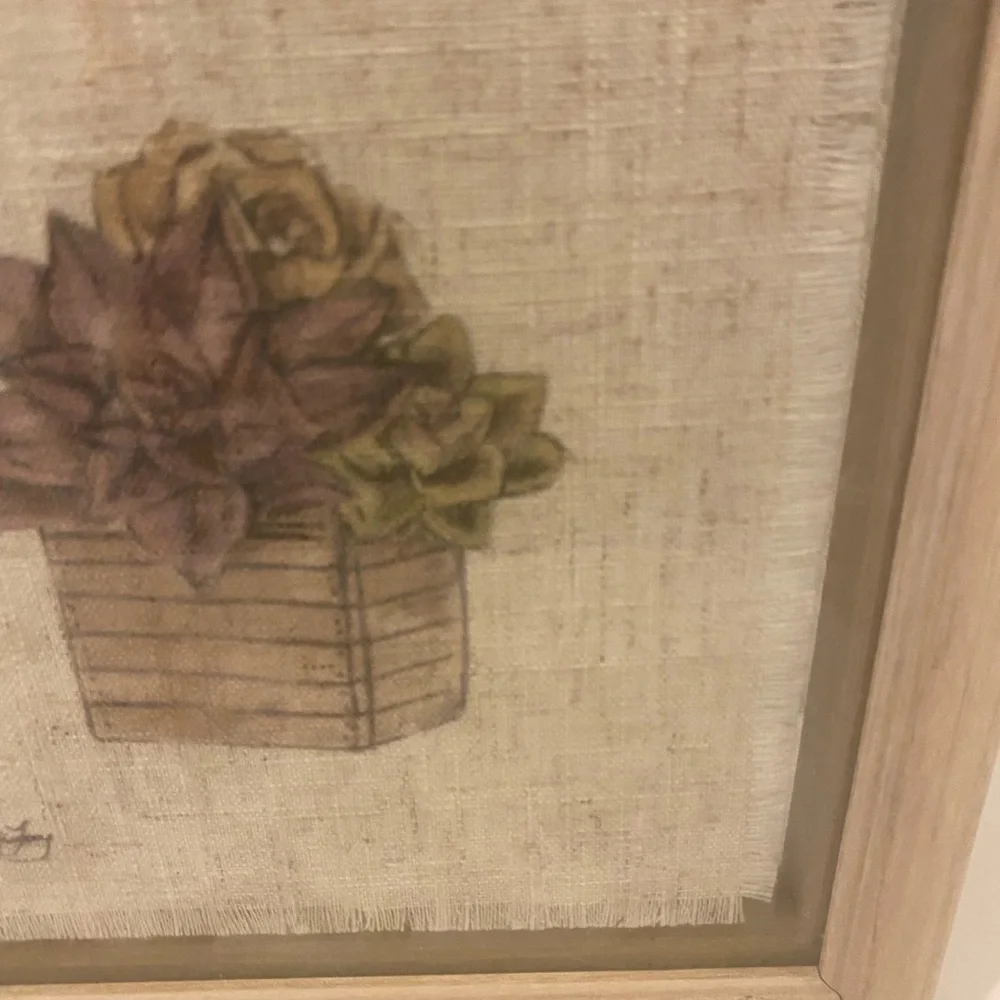 Vintage Signed Textured Fabric Botanical Wall Art with Natural Wood Frame 7”x 7”